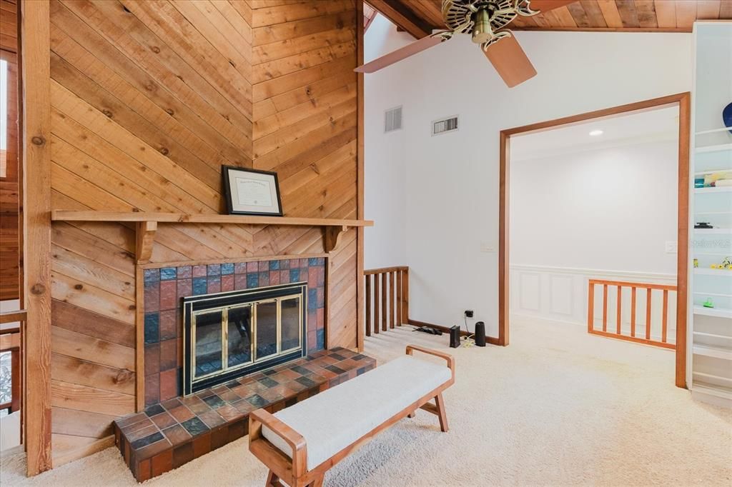 Fireplace, Interior, Recessed Lighting, Wooden Ceilings, Wooden Walls