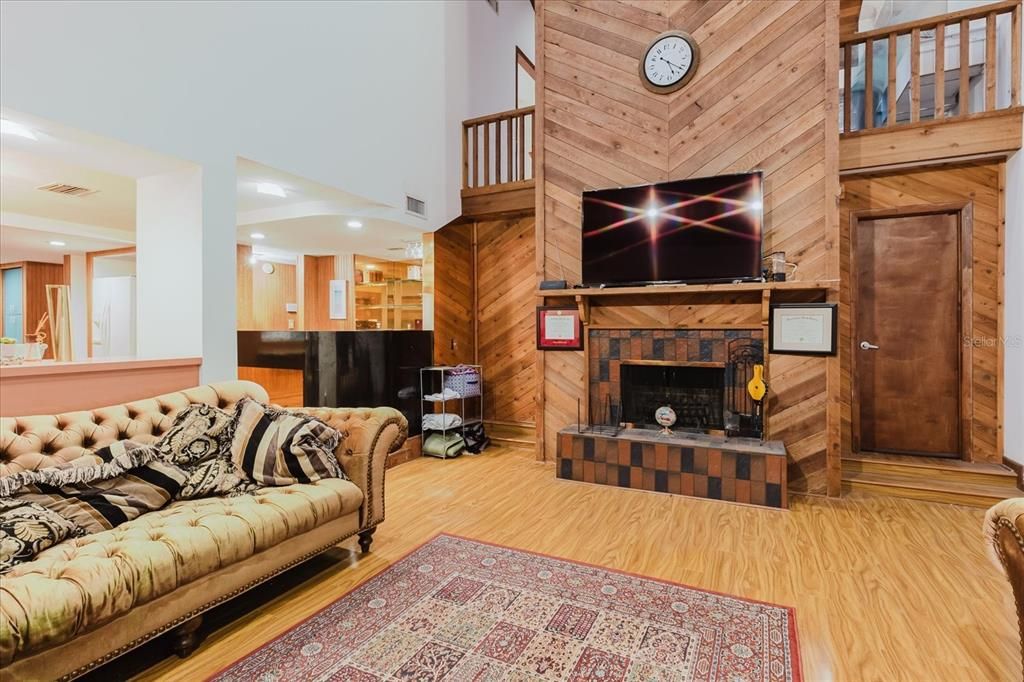 Fireplace, Interior, Living room, Recessed Lighting, Wooden Ceilings, Wood Texture Flooring, Wooden Walls