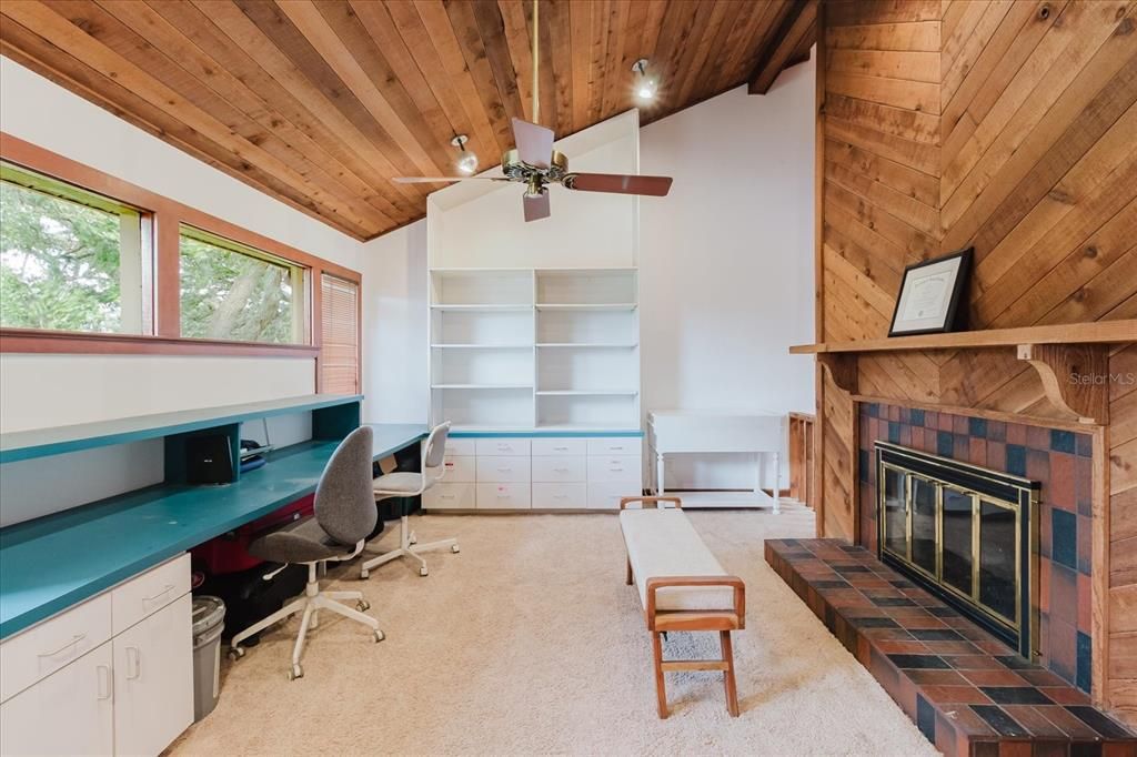 Fireplace, Home Office, Interior, Recessed Lighting, Wooden Ceilings, Wooden Walls