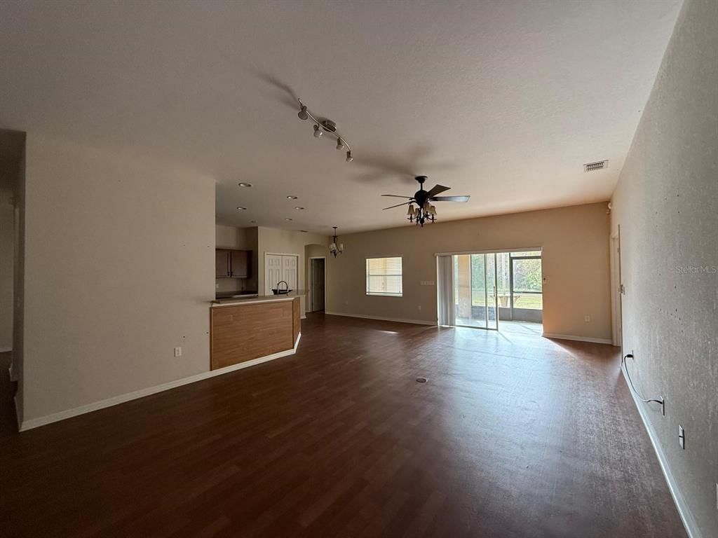 Empty room, Interior, Kitchen, Recessed Lighting, Wood Texture Flooring