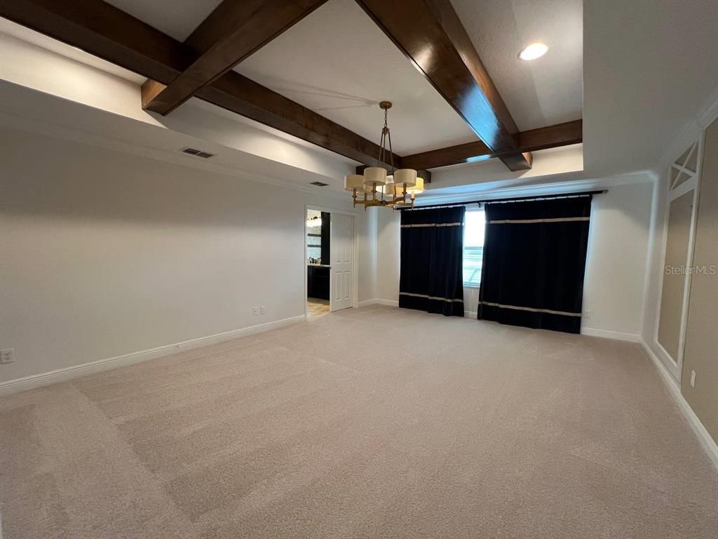 Chandelier, Empty room, Interior, Recessed Lighting, Wooden Beams