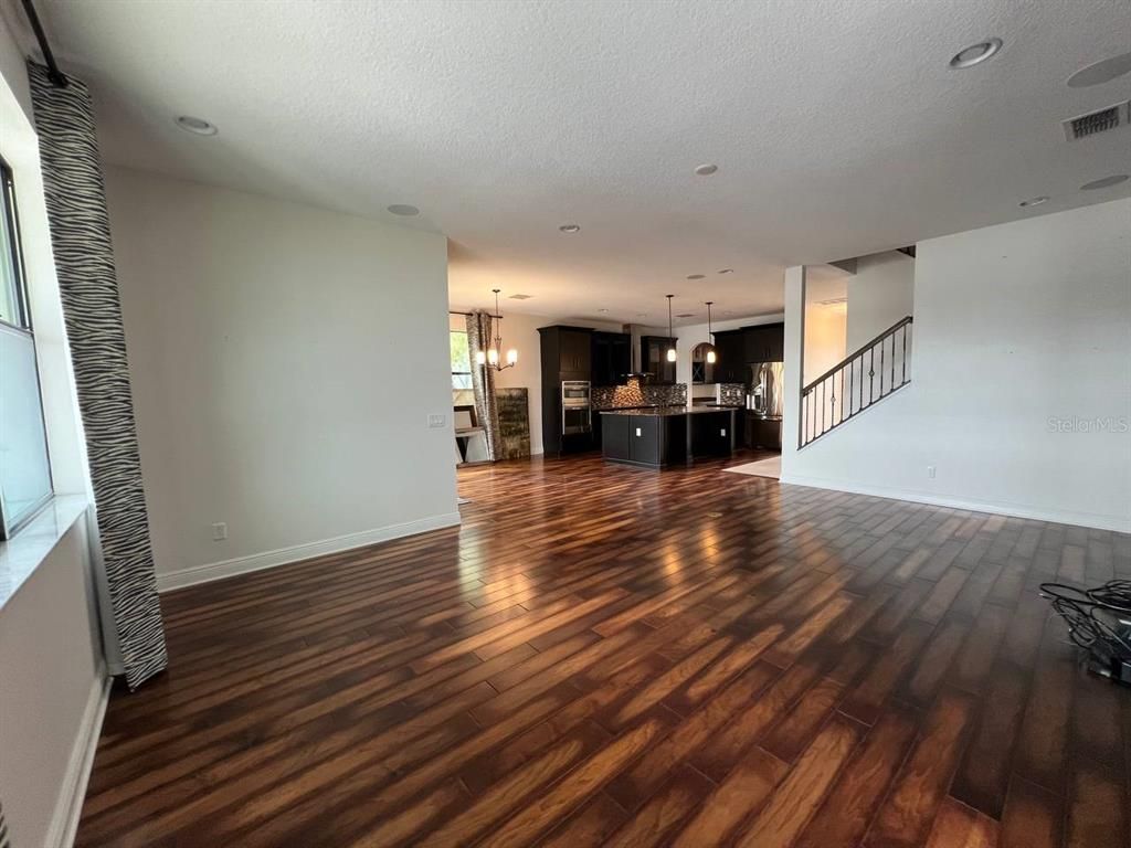Empty room, Interior, Kitchen, Pendant Lights, Recessed Lighting, Wood Texture Flooring