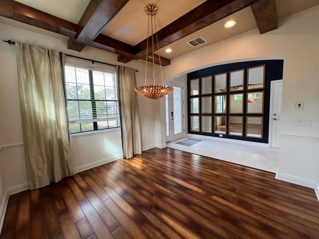 Chandelier, Empty room, Interior, Pendant Lights, Recessed Lighting, Wooden Beams, Wood Texture Flooring