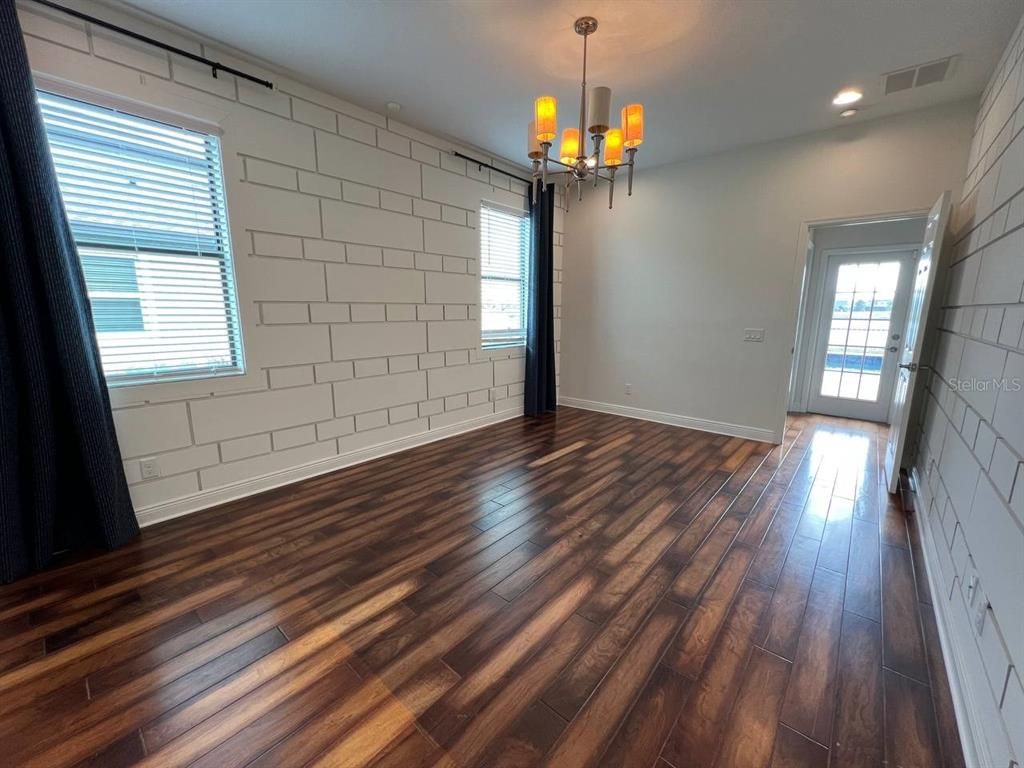 Chandelier, Empty room, Interior, Recessed Lighting, Wood Texture Flooring