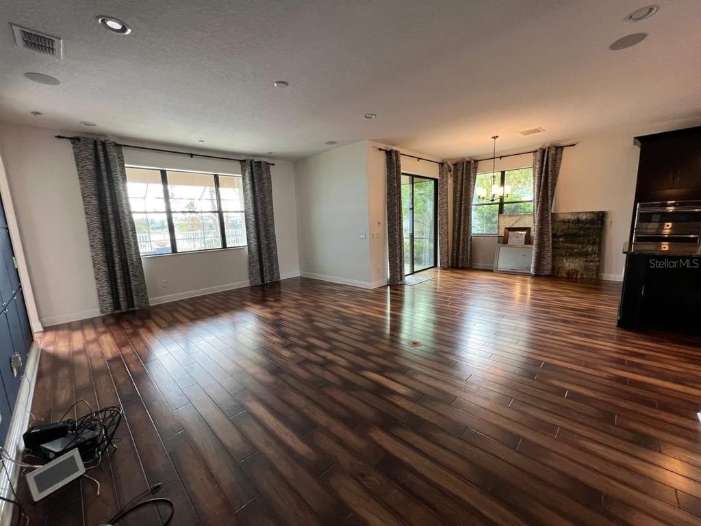 Empty room, Interior, Pendant Lights, Recessed Lighting, Wood Texture Flooring