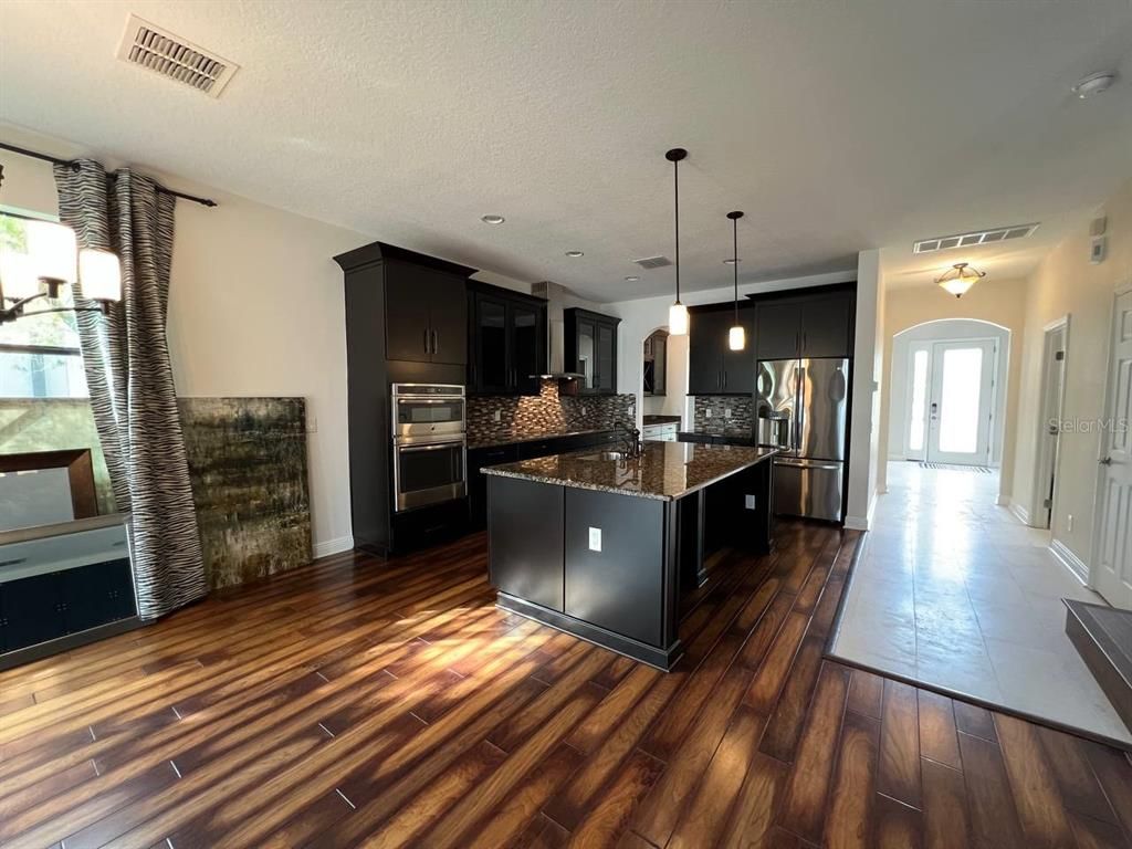 Interior, Kitchen, Pendant Lights, Stainless Steel Appliances, Wood Texture Flooring