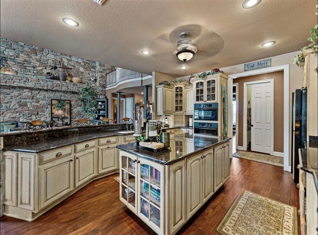 Interior, Kitchen, Recessed Lighting, Stone Walls, Wood Texture Flooring