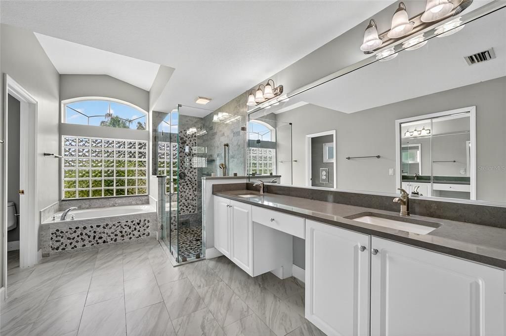 Bathroom, Dual Sink Vanities, Glass Shower, Interior, Marble