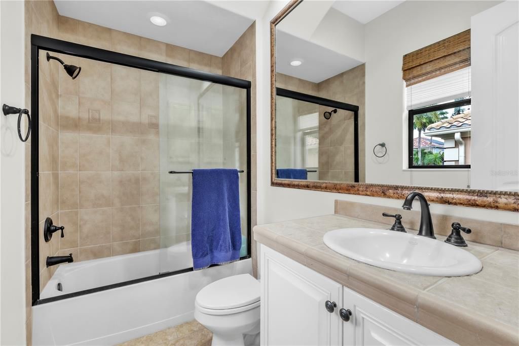 Bathroom, Glass Shower, Interior, Recessed Lighting, Tile Countertops