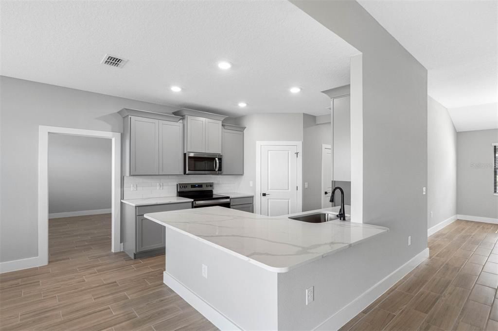 Interior, Kitchen, Recessed Lighting, Wood Texture Flooring