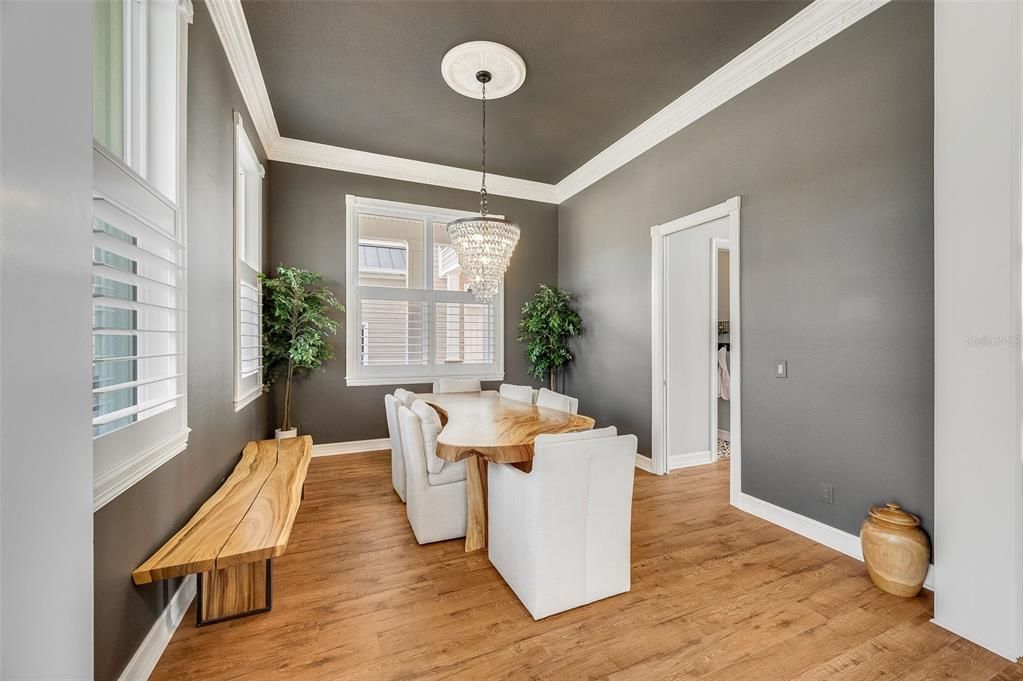 Chandelier, Dining room, Interior, Pendant Lights, Wood Texture Flooring