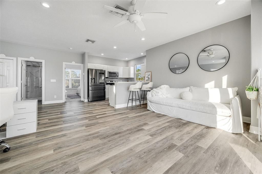 Interior, Kitchen, Recessed Lighting, Stainless Steel Appliances, Wood Texture Flooring