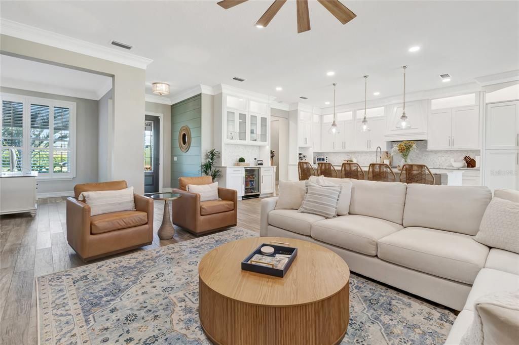 Interior, Kitchen, Living room, Pendant Lights, Recessed Lighting, Wood Texture Flooring