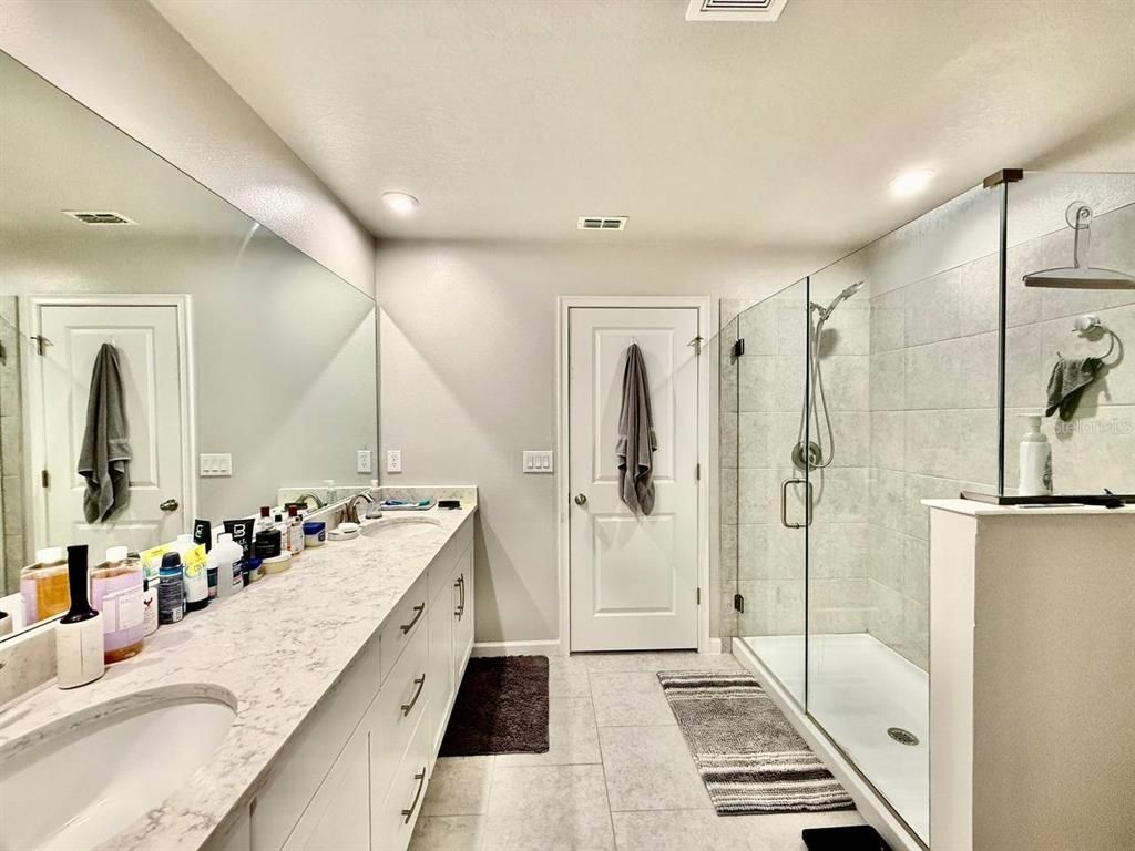 Bathroom, Dual Sink Vanities, Glass Shower, Interior, Recessed Lighting