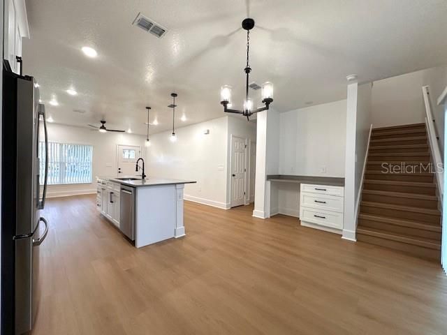 Chandelier, Interior, Kitchen, Pendant Lights, Recessed Lighting, Wood Texture Flooring