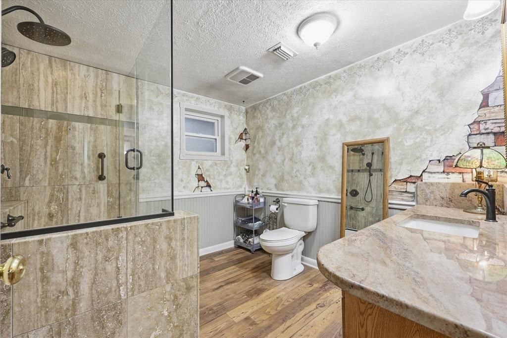 Bathroom, Glass Shower, Interior, Wood Texture Flooring