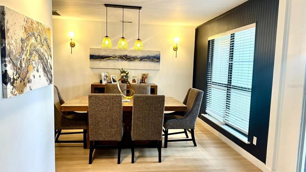 Dining room, Interior, Pendant Lights, Wood Texture Flooring