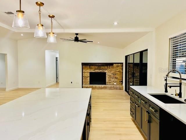 Interior, Kitchen, Pendant Lights, Recessed Lighting, Stone Walls, Wood Texture Flooring