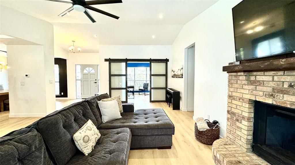 Fireplace, Interior, Living room, Stone Walls, Wood Texture Flooring