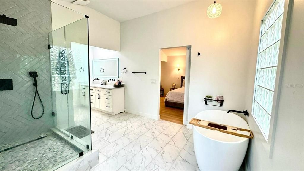 Bathroom, Bedroom, Free Standing Baths, Glass Shower, Interior, Marble, Wood Texture Flooring