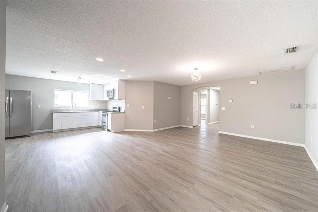 Empty room, Interior, Kitchen, Recessed Lighting, Wood Texture Flooring