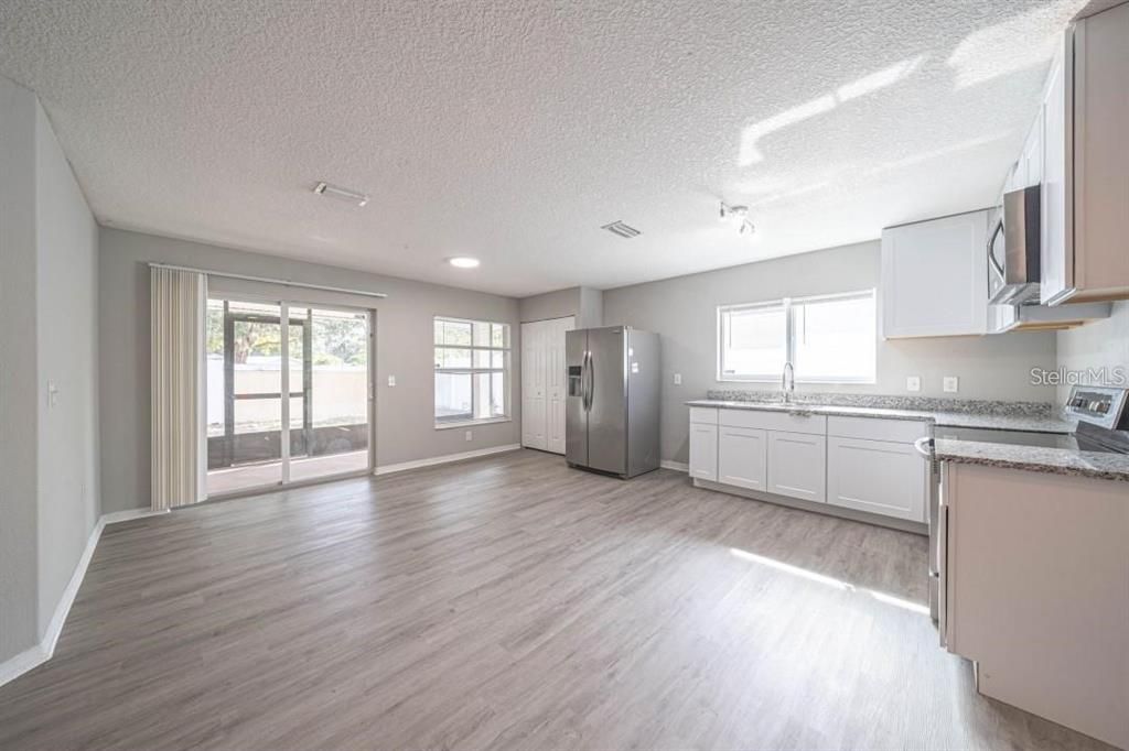 Empty room, Interior, Kitchen, Recessed Lighting, Wood Texture Flooring