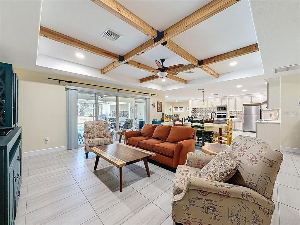 Dining room, Interior, Kitchen, Living room, Pendant Lights, Recessed Lighting, Stainless Steel Appliances, Wooden Beams