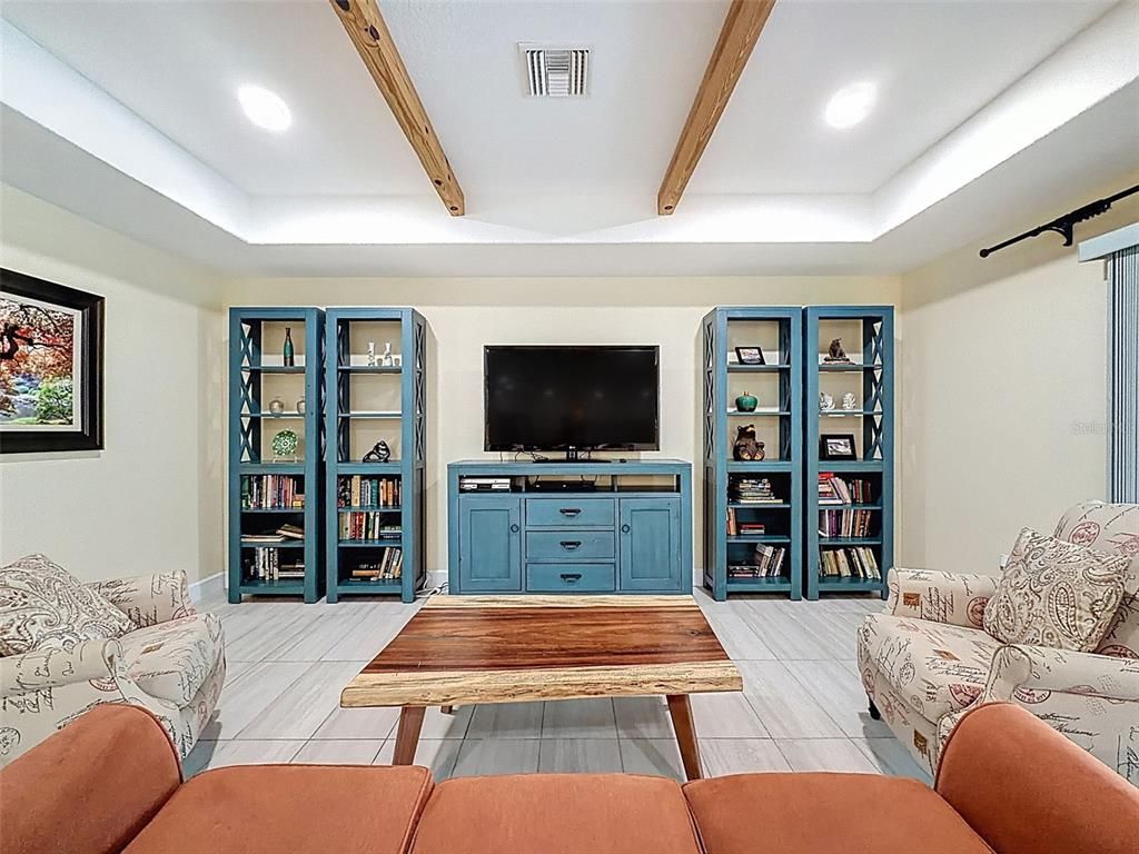 Interior, Living room, Recessed Lighting, Wooden Beams