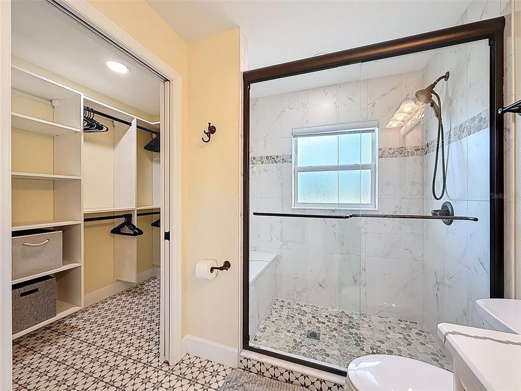 Bathroom, Glass Shower, Interior, Marble Walls, Recessed Lighting