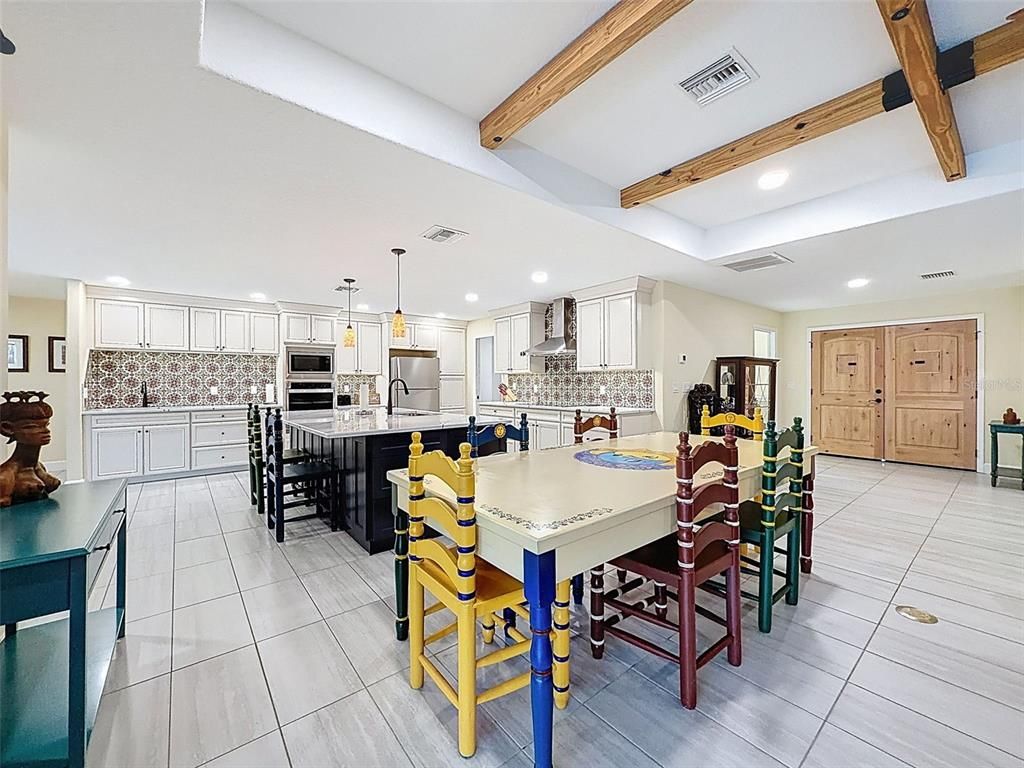 Dining room, Interior, Kitchen, Pendant Lights, Recessed Lighting, Stainless Steel Appliances, Wooden Beams