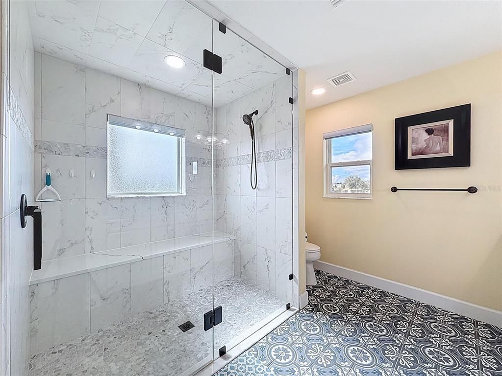 Bathroom, Glass Shower, Interior, Marble Walls, Recessed Lighting