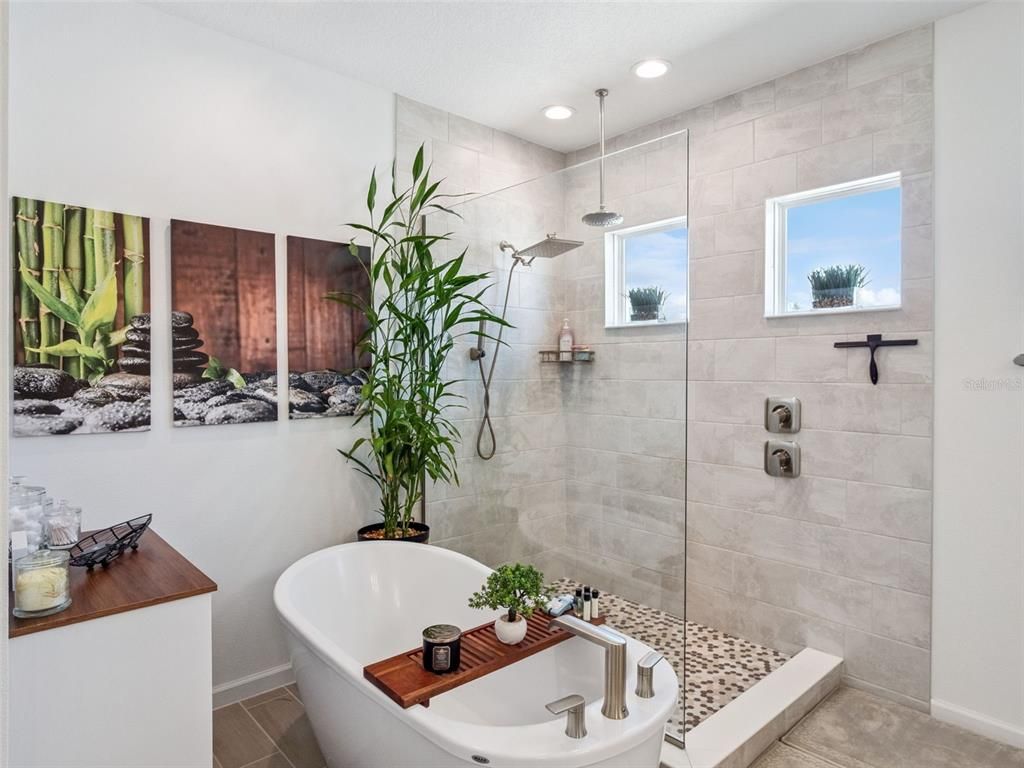 Bathroom, Free Standing Baths, Glass Shower, Interior, Recessed Lighting