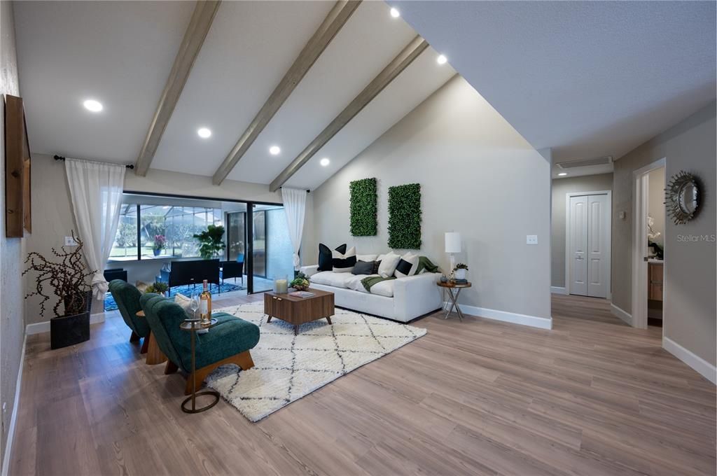 Interior, Living room, Piano, Recessed Lighting, Wood Texture Flooring