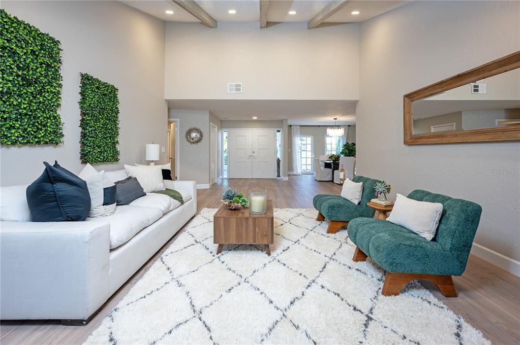 Interior, Living room, Recessed Lighting, Wooden Beams, Wood Texture Flooring