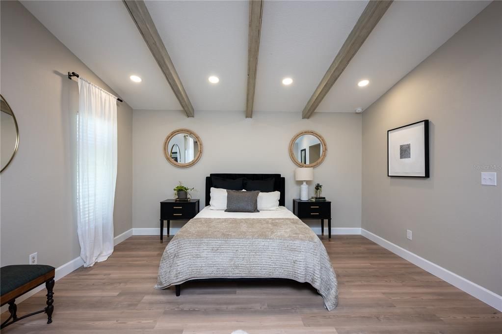Bedroom, Interior, Recessed Lighting, Wooden Beams, Wood Texture Flooring