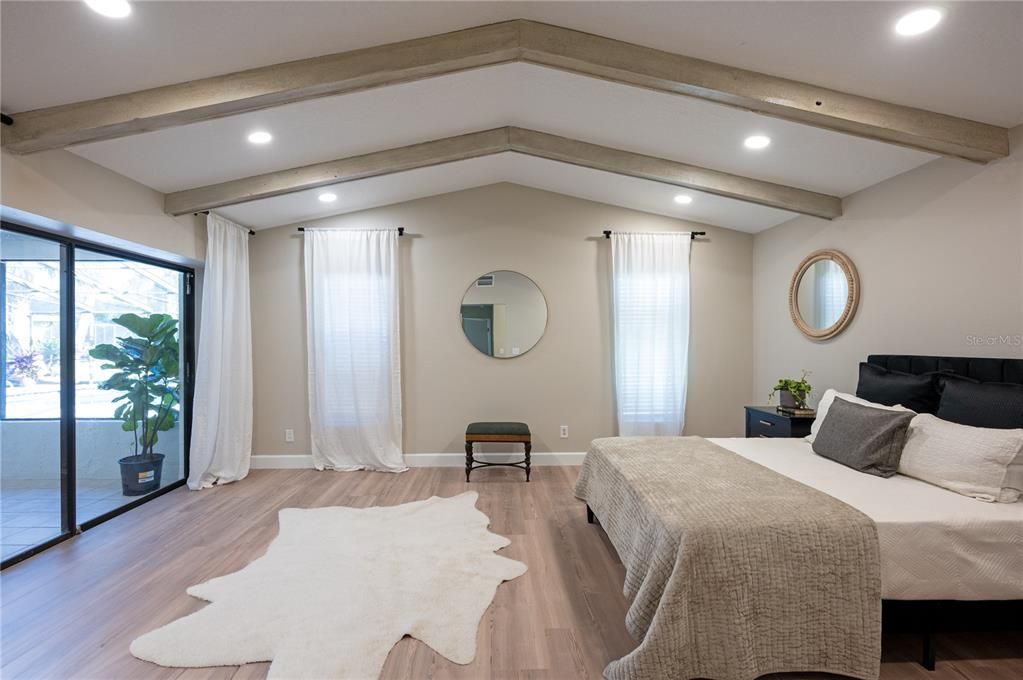 Bedroom, Interior, Recessed Lighting, Wooden Beams, Wood Texture Flooring