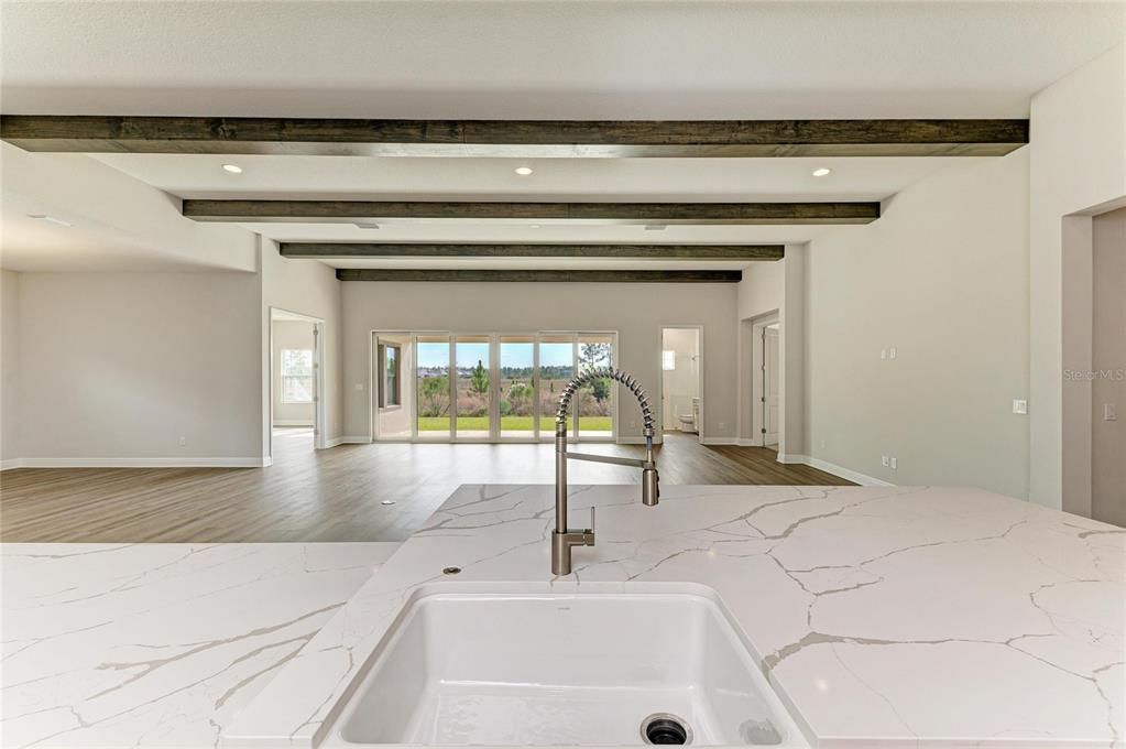 Interior, Kitchen, Recessed Lighting, Wooden Beams, Wood Texture Flooring