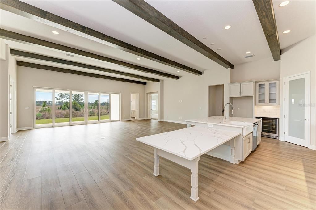 Empty room, Interior, Kitchen, Recessed Lighting, Wooden Beams, Wood Texture Flooring