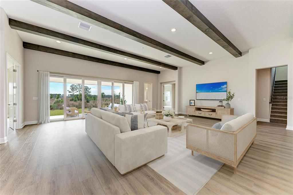 Interior, Living room, Recessed Lighting, Wooden Beams, Wood Texture Flooring