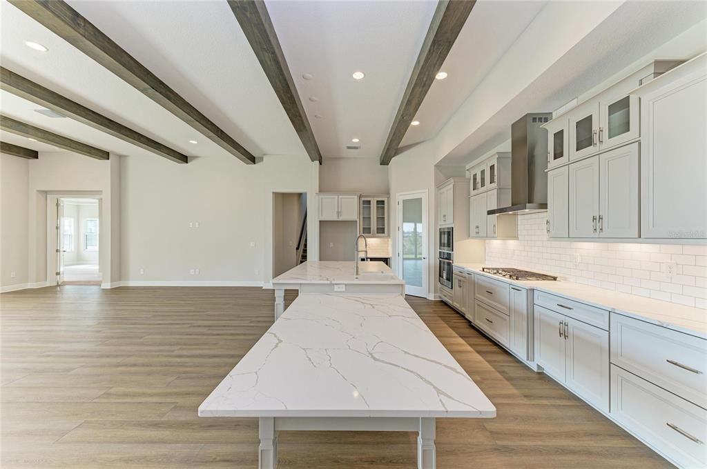 Interior, Kitchen, Recessed Lighting, Wooden Beams, Wood Texture Flooring