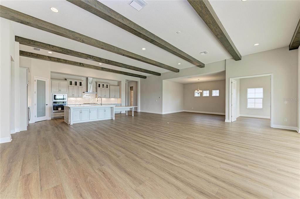 Empty room, Interior, Kitchen, Recessed Lighting, Wooden Beams, Wood Texture Flooring