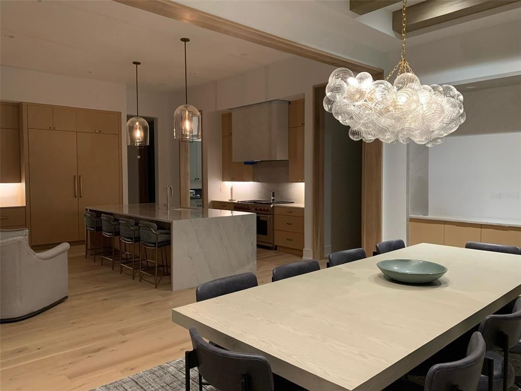 Chandelier, Dining room, Interior, Kitchen, Pendant Lights, Wood Texture Flooring