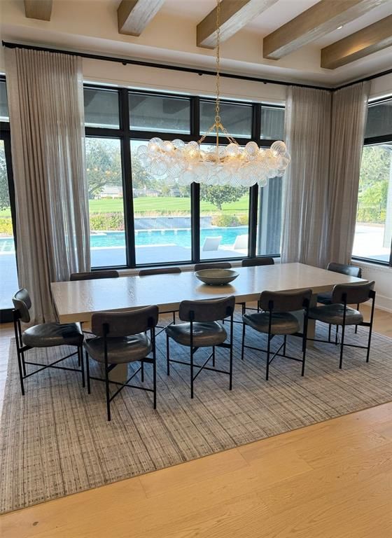 Chandelier, Dining room, Interior, Pendant Lights, Recessed Lighting, Wooden Beams, Wood Texture Flooring