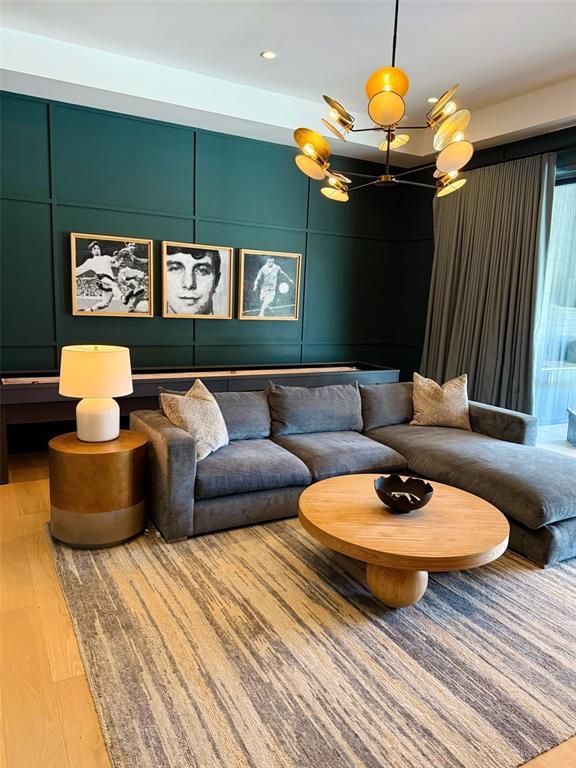 Interior, Living room, Pendant Lights, Recessed Lighting, Wood Texture Flooring