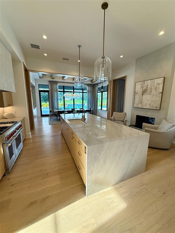 Interior, Kitchen, Living room, Pendant Lights, Recessed Lighting, Stainless Steel Appliances, Wood Texture Flooring