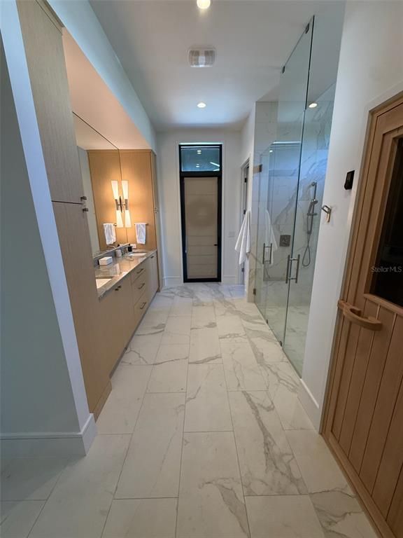 Bathroom, Glass Shower, Interior, Marble, Recessed Lighting