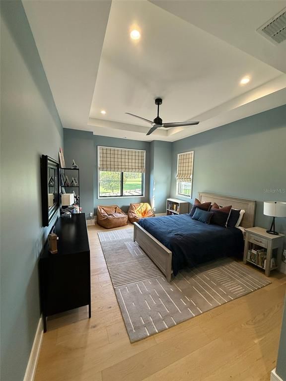 Bedroom, Interior, Recessed Lighting, Wood Texture Flooring