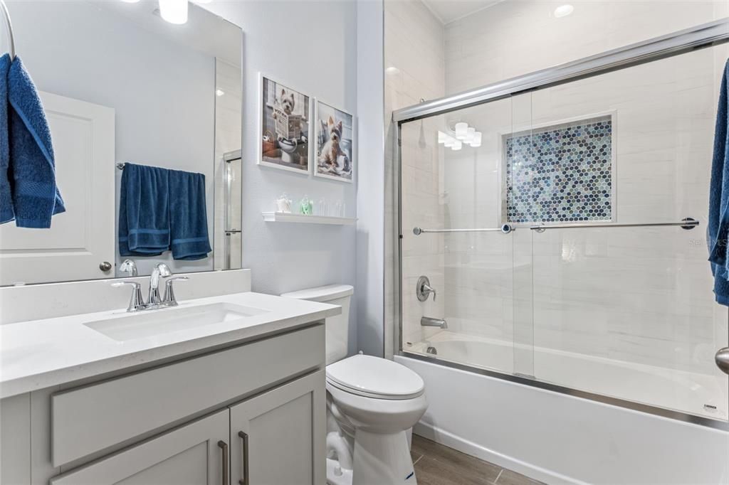 Bathroom, Glass Shower, Interior, Recessed Lighting, Wood Texture Flooring