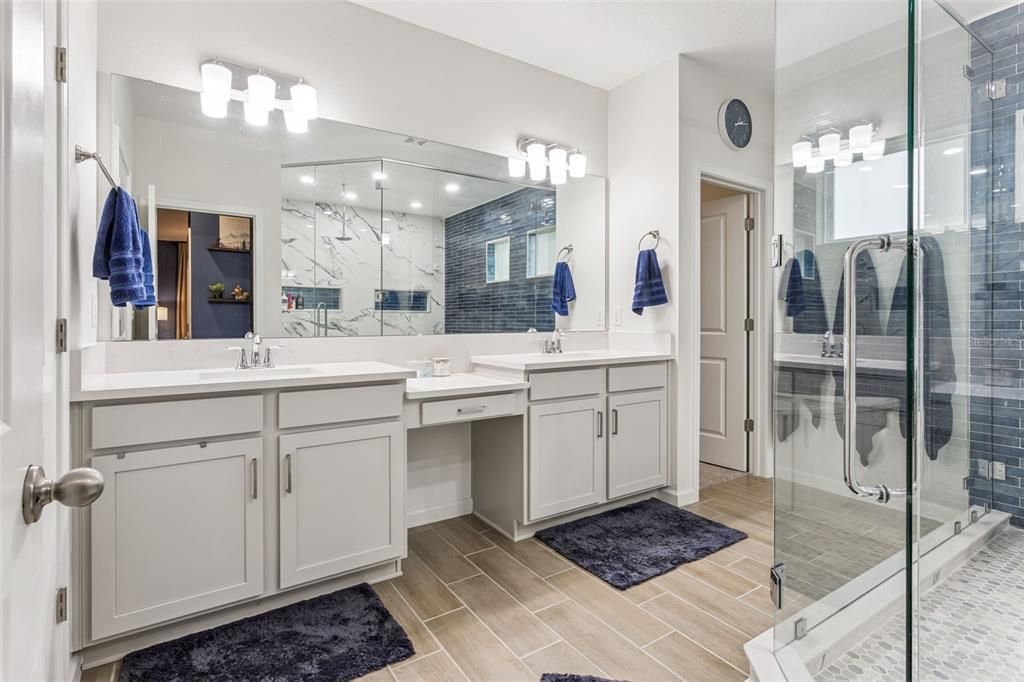 Bathroom, Dual Sink Vanities, Glass Shower, Interior, Wood Texture Flooring
