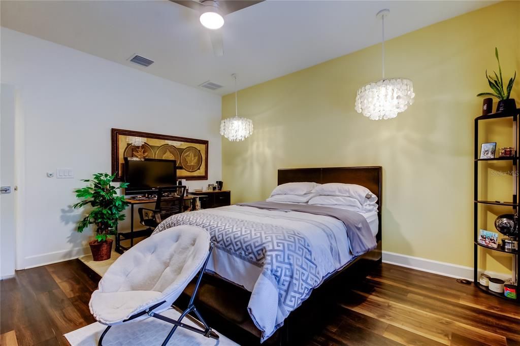 Bedroom, Chandelier, Interior, Pendant Lights, Wood Texture Flooring